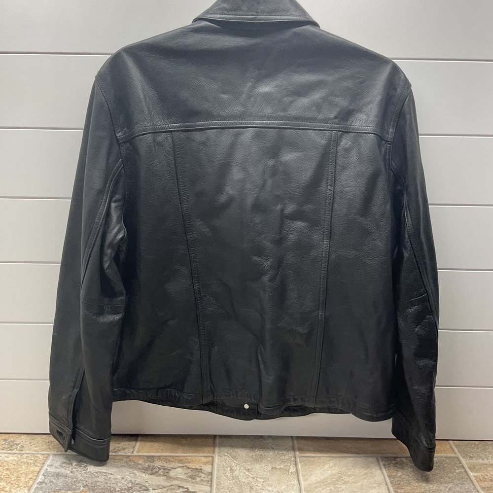 Jones Jeans Black Leather Trucker Jacket Womens Large Button Front Collared L - Picture 5 of 6